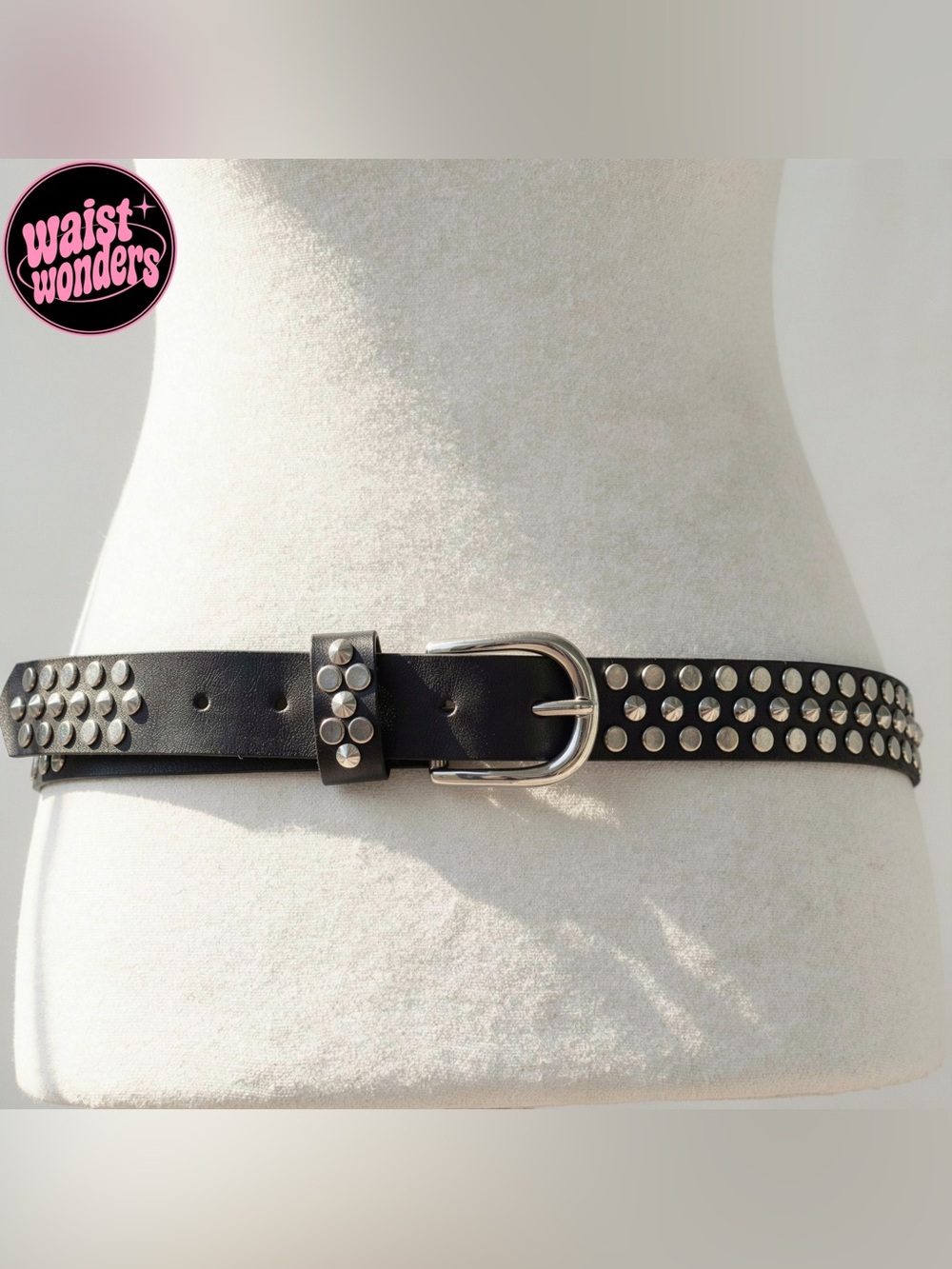 Y2k 2000s style Black leather belt with silver studs and buckle